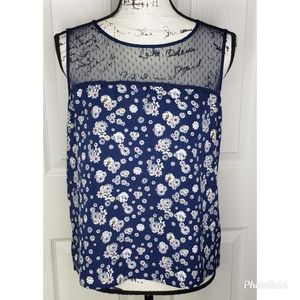 Jason Wu Sleeveless Navy Blue Multi-Color Floral Sleeveless Blouse Mesh Lace